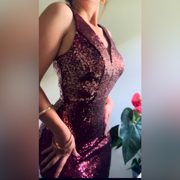 Crystal Doll Maroon and Gold Sequin Maxi Dress - Picture 2 of 5